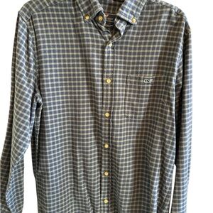 Vineyard Vines Navy and Tan Plaid Shirt Sz lg